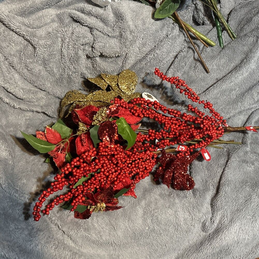 Christmas Red Glitter Poinsettias Gold Glitter Leaf Artificial Flowers Red Berry
